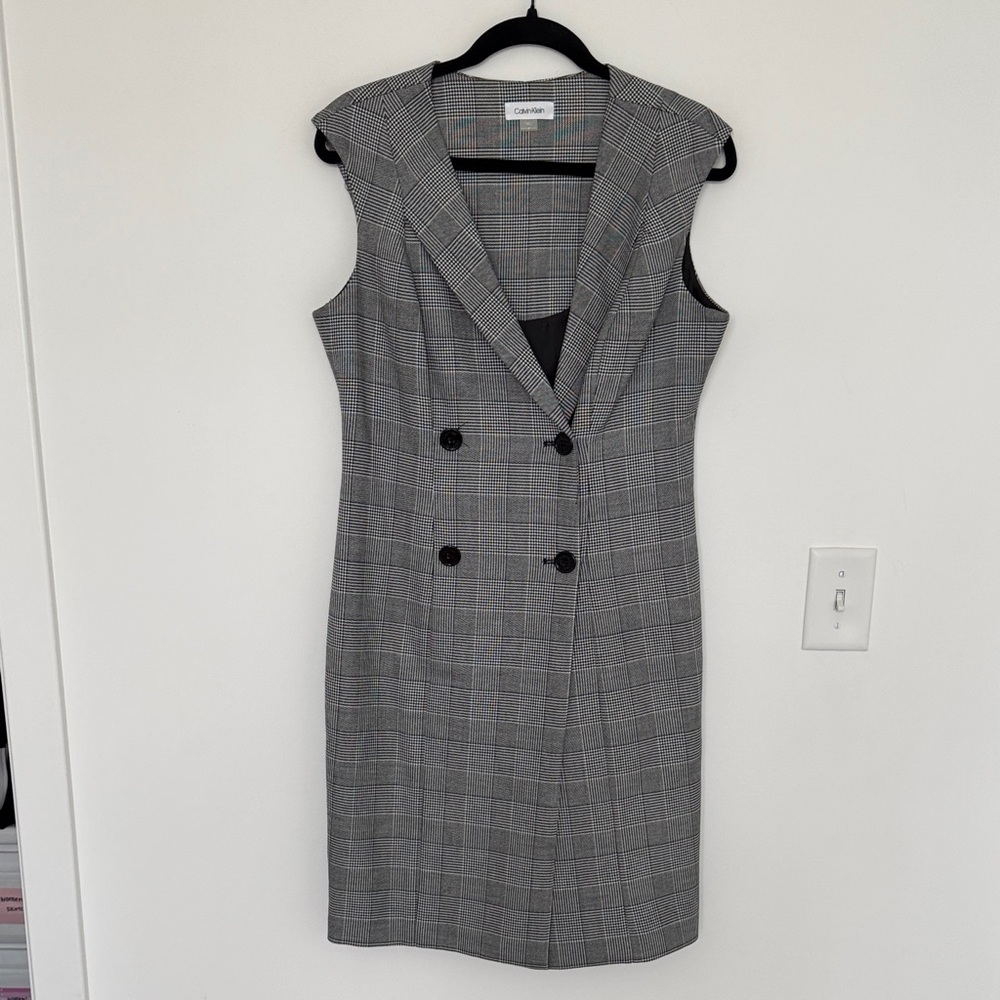 Calvin Klein Black and Gray Plaid Business Midi Dress - Size 8